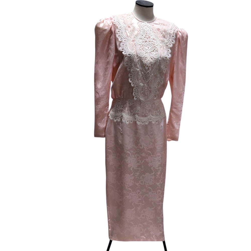 Scott McClintock Vtg Peach Midi Dress Puff Sleeve & Pads Formal Lace Cottagecore
